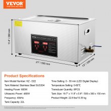 VEVOR Ultraschallreiniger Ultraschall Edelstahl-Reinigungsgerät 480 W, 22 L Ultraschallreinigungsgerät mit digitaler Anzeige 0-30 Min, Reinigung Ultraschall für Schmuck, Brillen, Uhren usw.