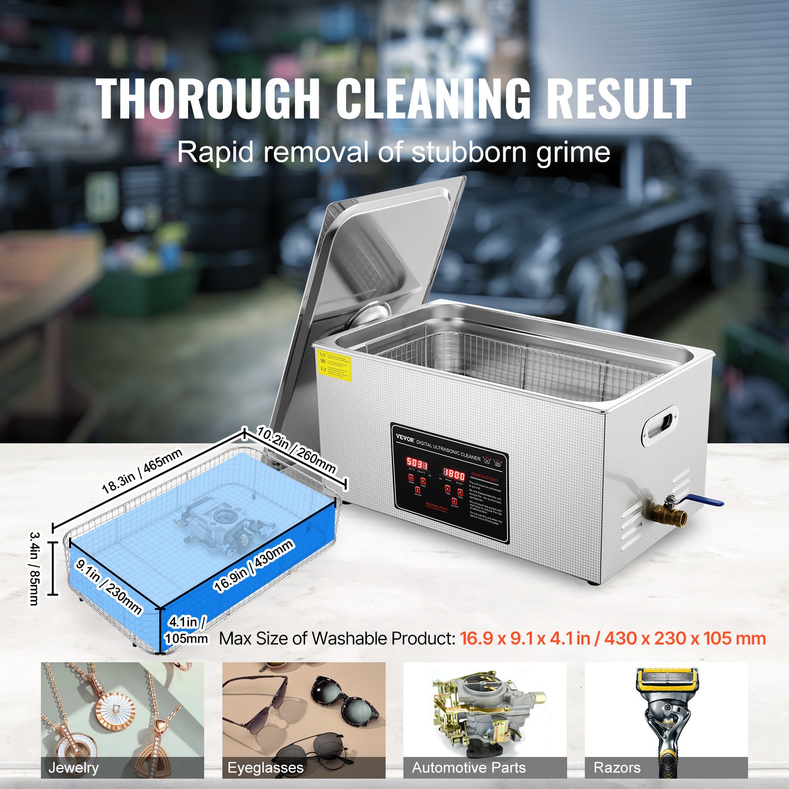 VEVOR Ultrasonic Cleaner, Ultrasonic Stainless Steel Cleaning Device, 480 W, 22 L Ultrasonic Cleaning Device with Digital Display, 0-30 Min, Ultrasonic Cleaning for Jewelry, Glasses, Watches, etc.