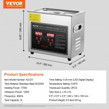 VEVOR Ultraschallreiniger Ultraschall Edelstahl-Reinigungsgerät 172 W, 3 L Ultraschallreinigungsgerät mit Digitaler Anzeige 0-30 Min, Reinigung Ultraschall für Schmuck, Brillen, Uhren usw.