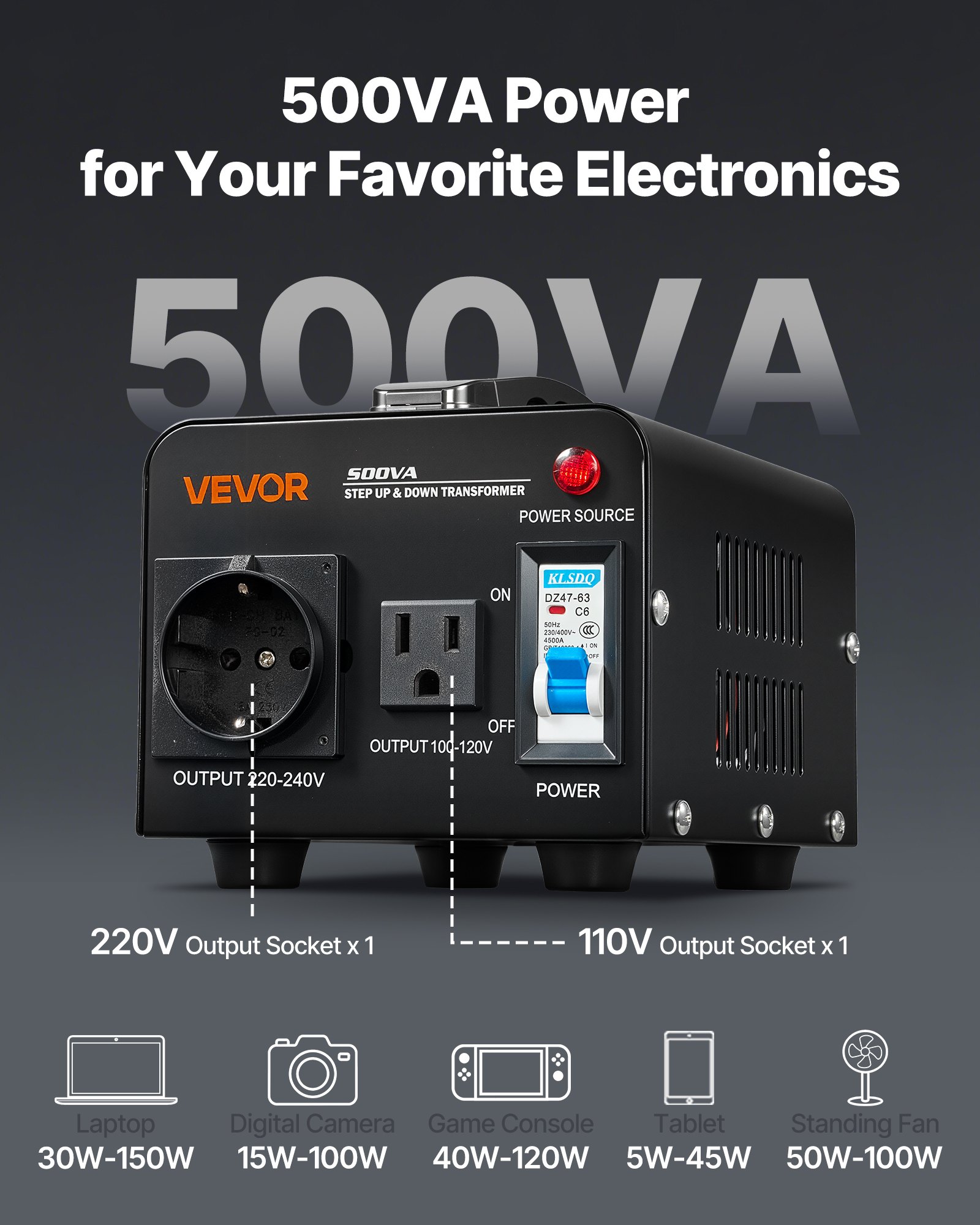 VEVOR Spannungswandler-Transformator, 500VA, Aufwärts-/Abwärtstransformator, Konvertierung von 110 V auf 220 V & von 220 V auf 110 V, mit US-, EU-Steckdose, Netzkabel, Schutzschalter