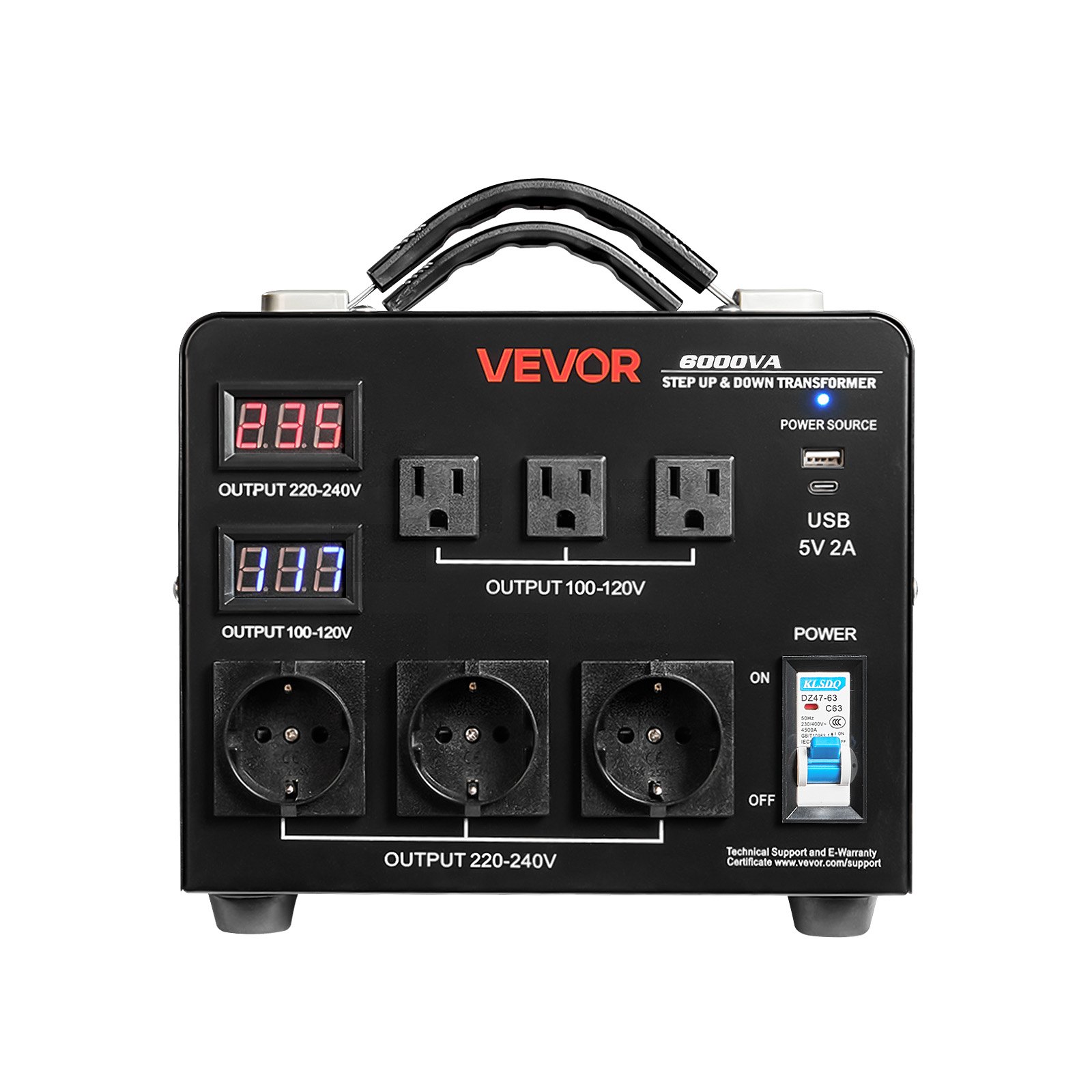 VEVOR Voltage Auto Converter Transformer, 6000VA, Heavy Duty Step Up/Down Power Transformer, 110V to 220V and 220V to 110V, with 3 US Outlets, 3 EU Outlets, LCD Display, Circuit Breaker Protection