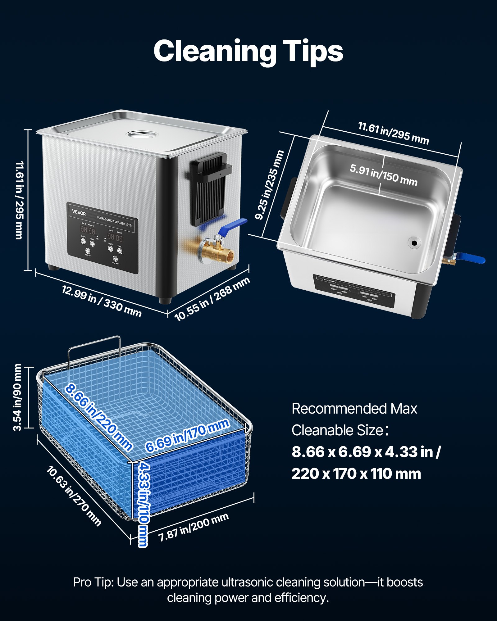 VEVOR 10 L Ultraschallreiniger, professionelle Ultraschallreinigungsmaschine mit Reinigungskorb & Digitalanzeige, 180 W Edelstahl 40 kHz Industrielle Reinigungsmaschine für Teile Vergaser Instrumente