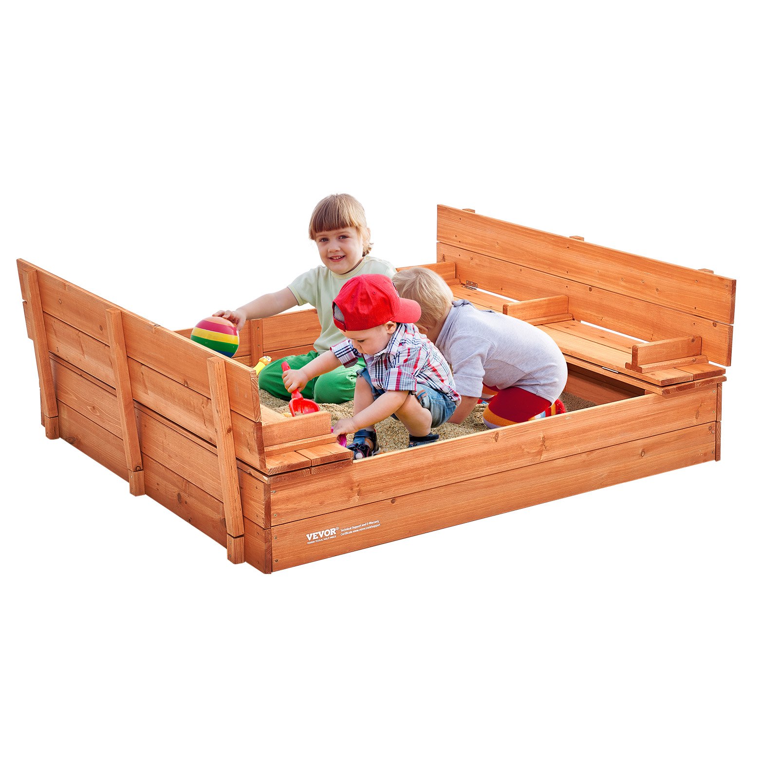 VEVOR Sandkasten aus Holz, 132 x 120 x 43 cm, Sandkasten mit klappbaren Sitzbänken und Bodeneinlage, Sandkasten aus Naturholz für Kinder für den Garten, Strand, Park, Geschenk für Jungen und Mädchen im Alter von 3–12 Jahren