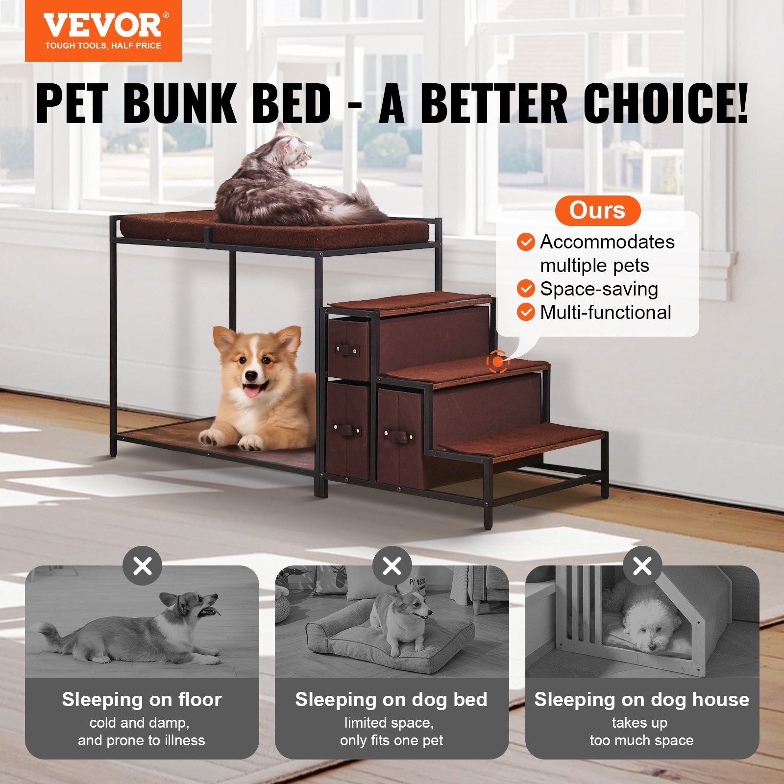 VEVOR Bunk Bed for Pets with Stairs, Window Seat for Dogs/Cats with Storage, Multi-Level Bed, Dog Sleeper Sofa, Pet Seating Platform for Medium-Sized Pets, 1245 x 500 x 660 mm