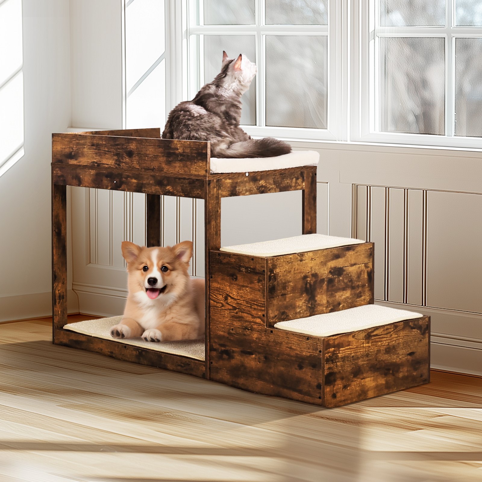 VEVOR Etagenbett für Haustiere mit Treppe, Fenstersitz für Hunde/Katzen für hohe Betten und Sofas, mittelgroßes mehrstufiges Schlafsofa mit 3 Stufen für Hunde, 1111 x 508 x 722 mm, Braun