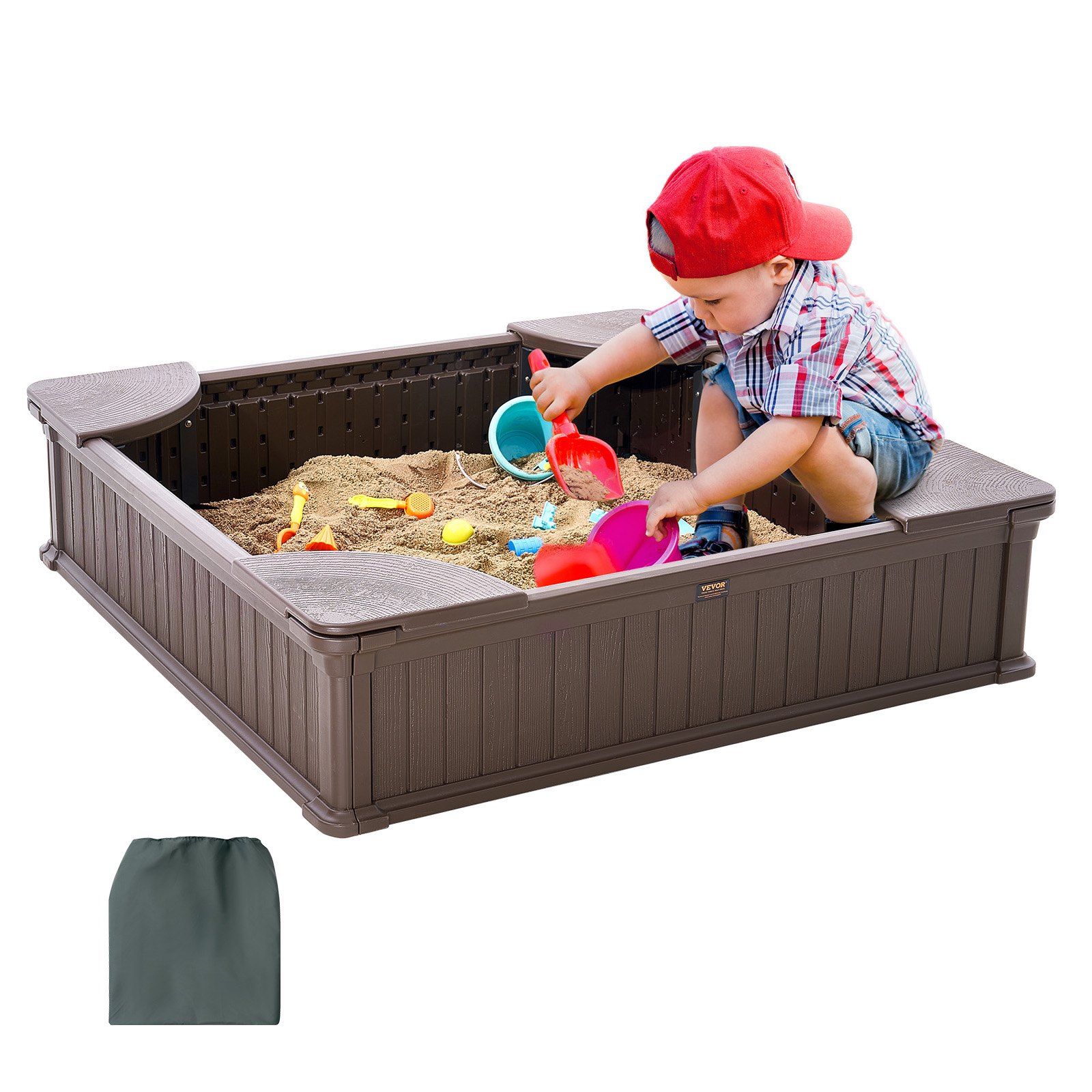 VEVOR Sandkasten mit Abdeckung, quadratischer Sandkasten, HDPE-Sandgrube mit 4 Ecksitzen & Bodenauskleidung, Kindersandkasten, Geschenk für Jungen und Mädchen im Alter von 3–12 Jahren, braun