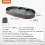 VEVOR-Sandkasten aus hochwertigem HDPE-Kunststoff, braun, oval, Abmessungen und Komponenten detailliert.