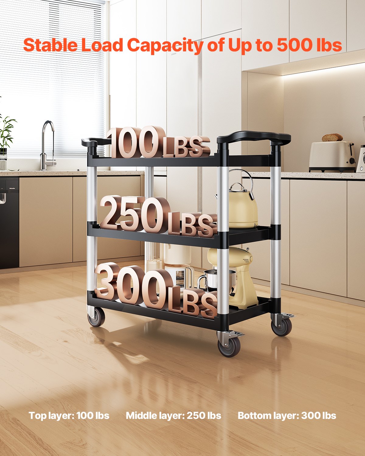VEVOR Multi-Purpose Trolley, 226 kg Load Capacity, 3-Tier Universal Trolley Made of Plastic with 360° Swivel Wheels (2 with Brakes), 106x49x98 cm Serving Trolley for Warehouse, Office, Home, Restaurant, Kitchen