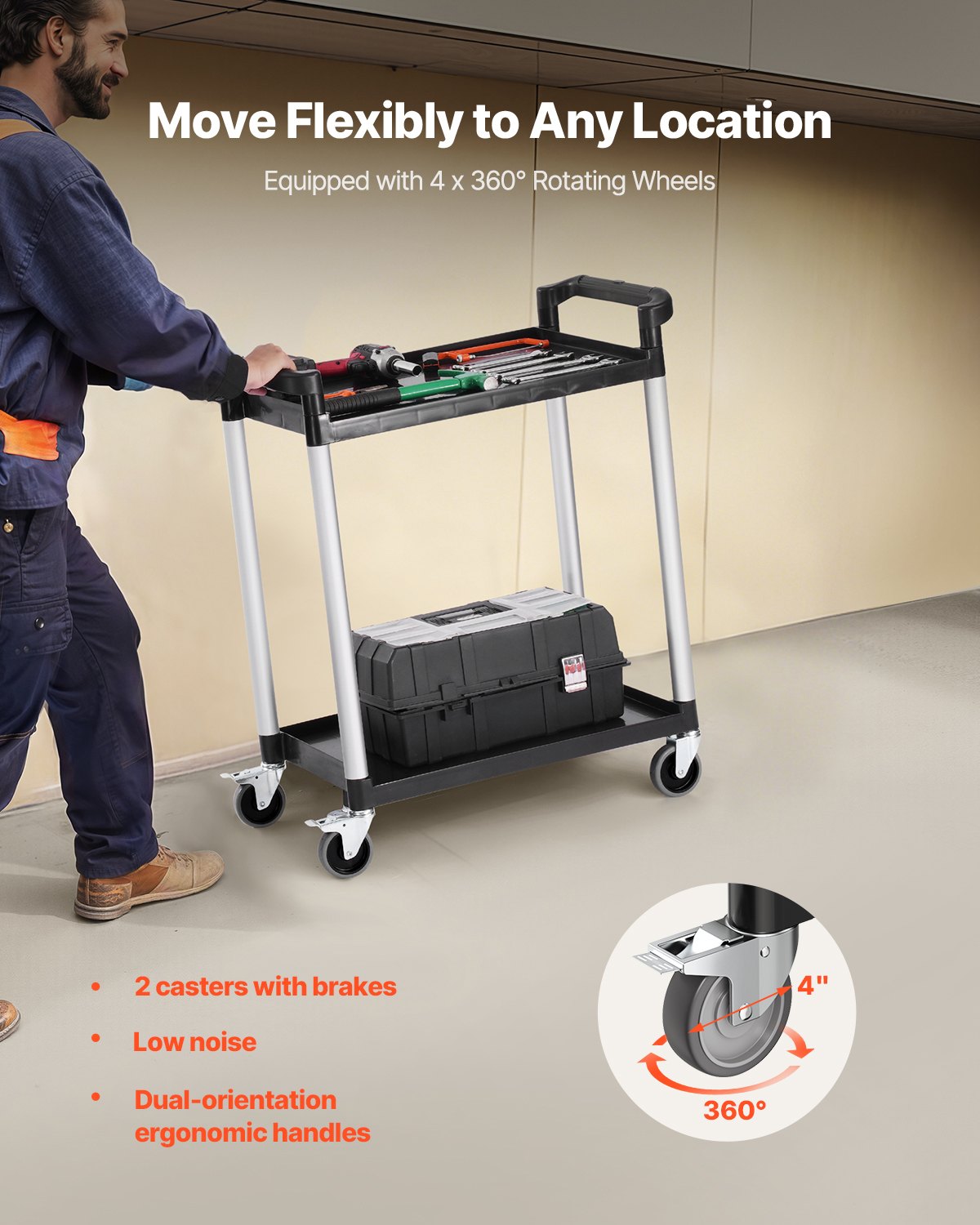 VEVOR multi-purpose trolley, 136 kg load capacity, 2-tier universal trolley made of plastic with 360° swivel casters (2 with brakes), 800x410x945 mm serving trolley for warehouse, office, home, restaurant, kitchen