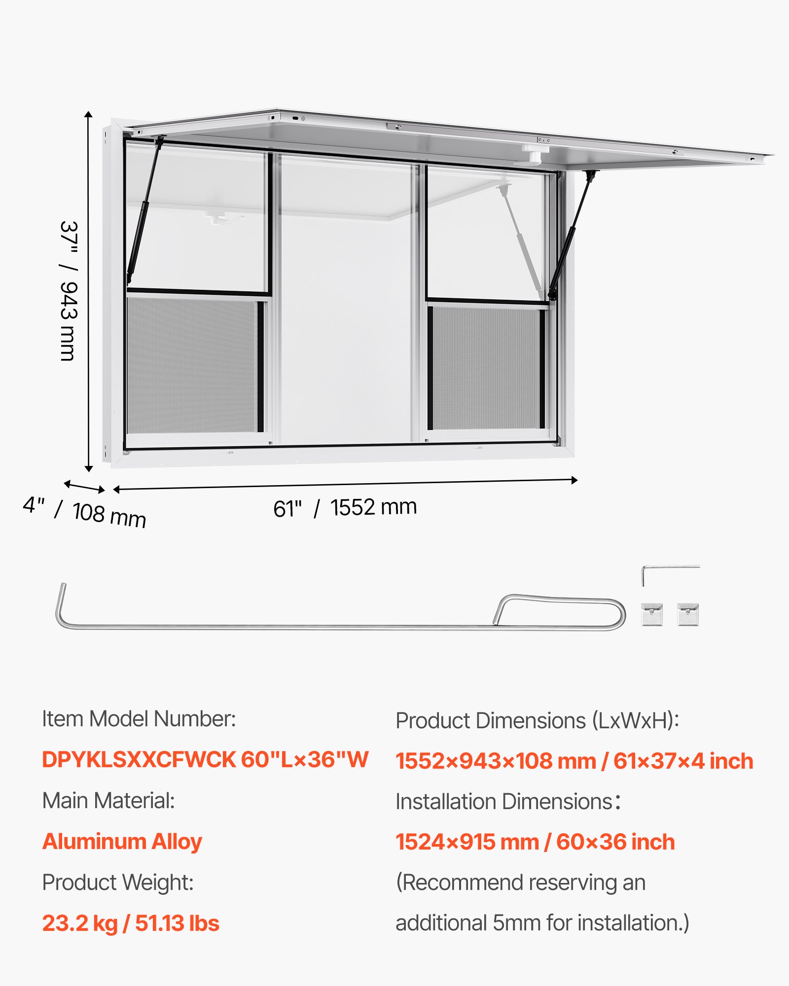 VEVOR Concession Window 152x92 cm, Aluminum Alloy Service Window for Food Truck, Up to 85 Degrees Stand Serving Window with 6 Sliding Windows, Awning Door, and Drag Hook, for Concession Trailers