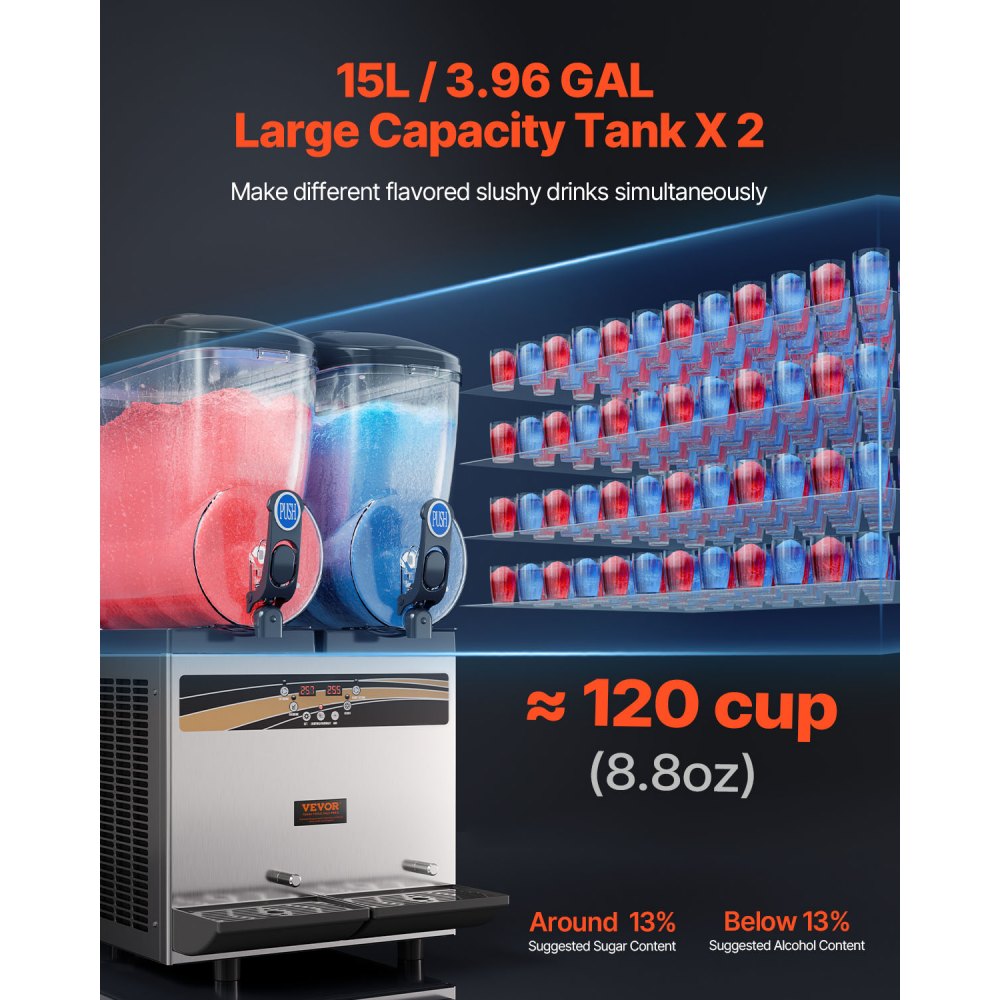 VEVOR kommerzielle Slusheis Maschine, 2 x 15 L Slush Eismaschine Slusheis Eismaschine, Slushy Make 120 Tassen Edelstahl-Gefrorenes-Getränke-Maker für Home-Party-Restaurants Café-Bars
