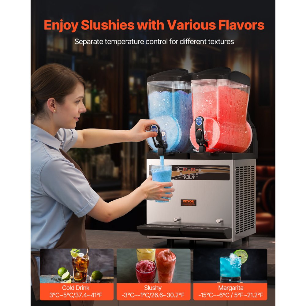VEVOR kommerzielle Slusheis Maschine, 2 x 15 L Slush Eismaschine Slusheis Eismaschine, Slushy Make 120 Tassen Edelstahl-Gefrorenes-Getränke-Maker für Home-Party-Restaurants Café-Bars