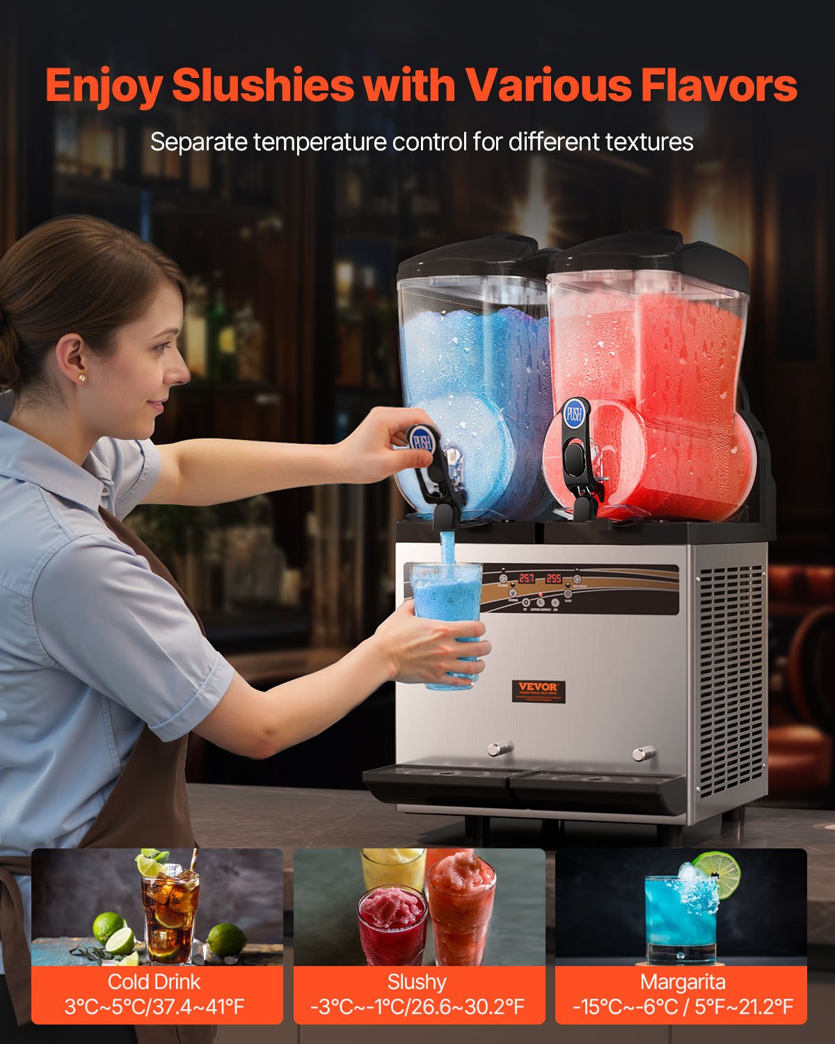 VEVOR kommerzielle Slusheis Maschine, 2 x 15 L Slush Eismaschine Slusheis Eismaschine, Slushy Make 120 Tassen Edelstahl-Gefrorenes-Getränke-Maker für Home-Party-Restaurants Café-Bars