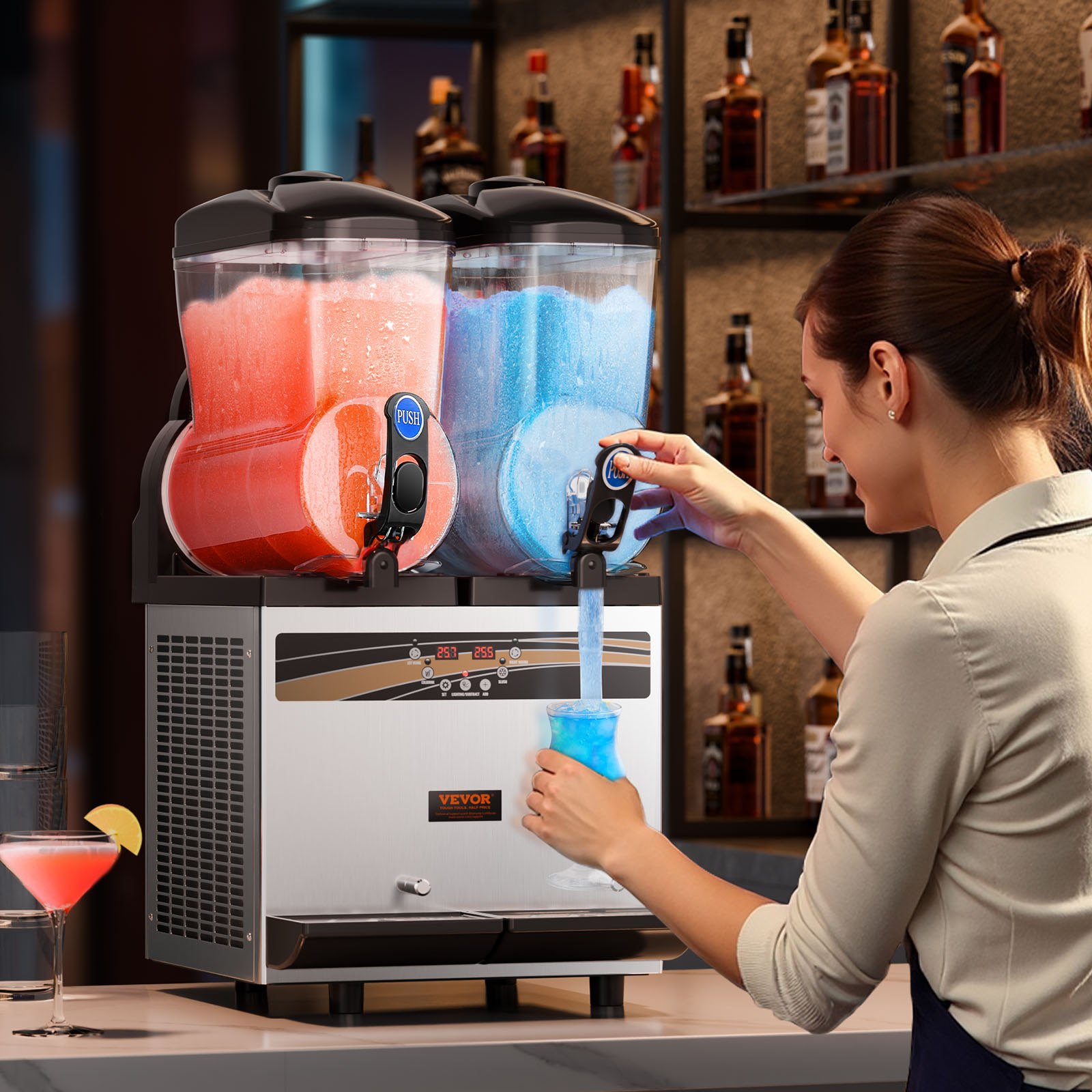 VEVOR kommerzielle Slusheis Maschine, 2 x 15 L Slush Eismaschine Slusheis Eismaschine, Slushy Make 120 Tassen Edelstahl-Gefrorenes-Getränke-Maker für Home-Party-Restaurants Café-Bars