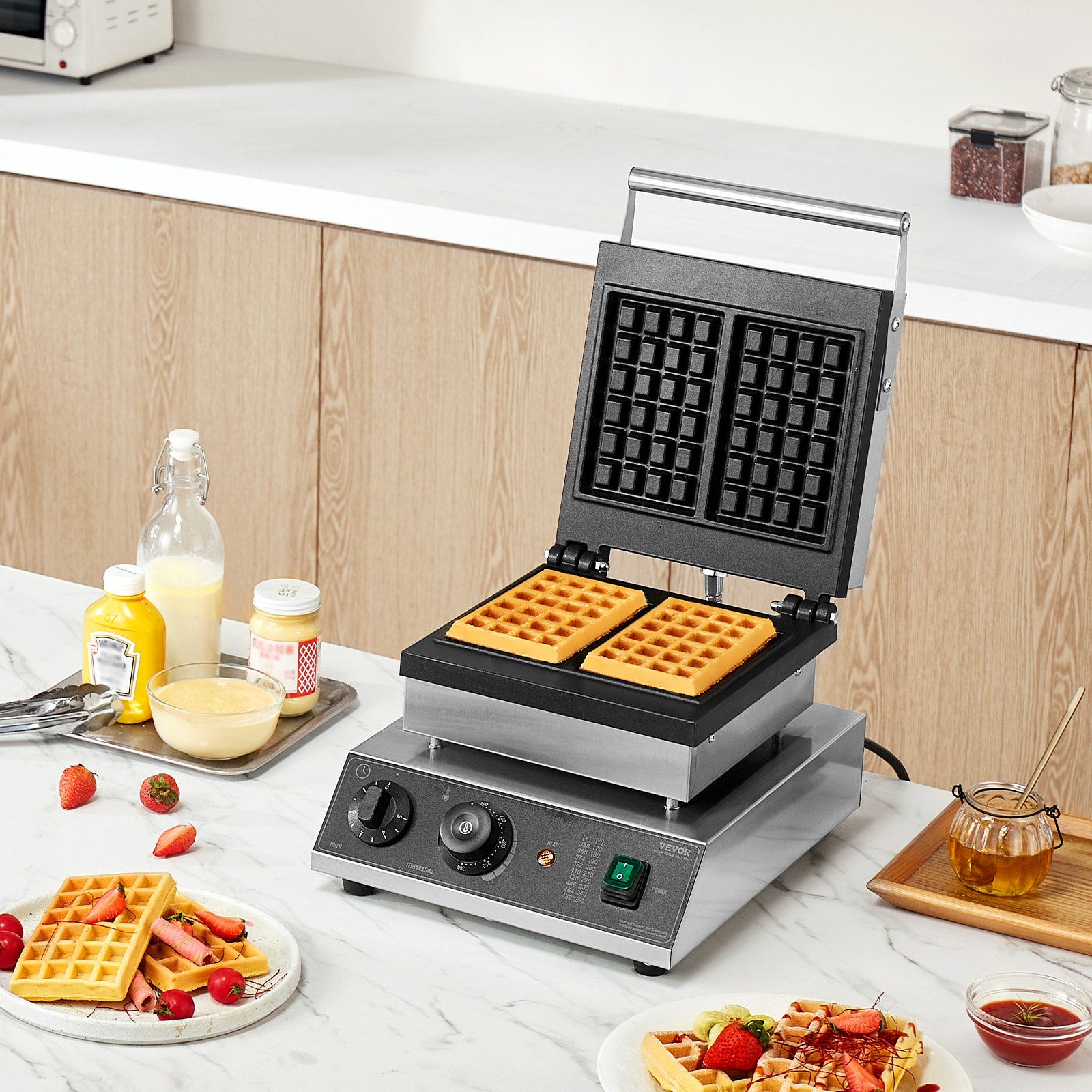 VEVOR kommerzielles Waffeleisen Waffelmaschine 2000 W antihaftbeschichtetes belgisches Waffeleisen aus Edelstahl mit Temperatur- und Zeitregelung, für Restaurant Bäckerei Snackbar 2 Stk. Waffeln