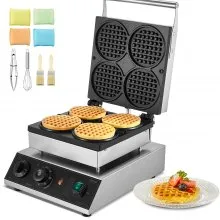 VEVOR kommerzielles Waffeleisen Waffelmaschine 1750 W antihaftbeschichtetes belgisches Waffeleisen aus Edelstahl mit Temperatur- und Zeitregelung, für Restaurant Bäckerei Snackbar 4 runde Waffeln