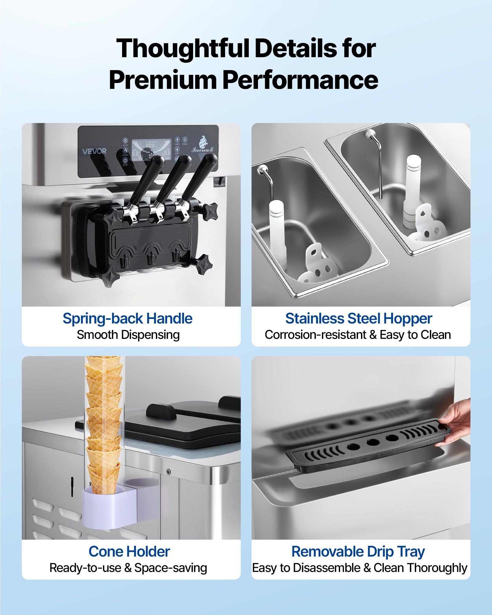 VEVOR Freistehende Softeismaschine 20-28 L/h, Speiseeisbereiter 2200 W, Gewerbliche Eiscrememaschine mit 3 Aromen & 2 x 6-Liter-Behältern & Vorkühlung & Warnfunktion bei Niedrigem Mischungsstand