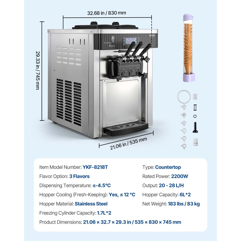 VEVOR Gewerbliche Eismaschine 20-28 L/h Leistung, Softeismaschine 2200 W lmit 2 x Behältern (6 L), Vorkühlung, Selbstreinigung und LED-Display, Tischgerät für Snackbars, Dessertläden und Cafés, Silber