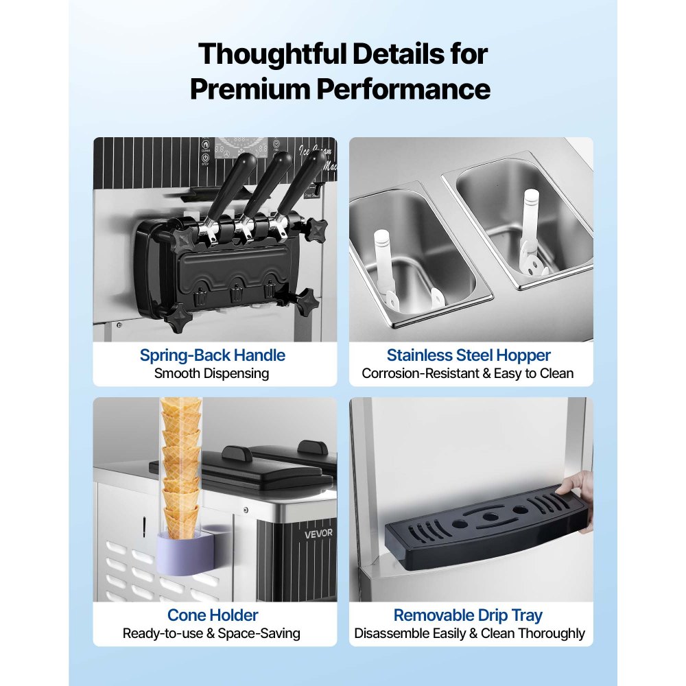 VEVOR Kommerzielle Softeismaschine 2200 W, Freistehende Eismaschine mit 20-28 L/h Produktion, mit 3 Geschmacksrichtungen & 2 Behältern (6 L), Vorkühlung & Selbstreinigung für Snack- und Dessertläden
