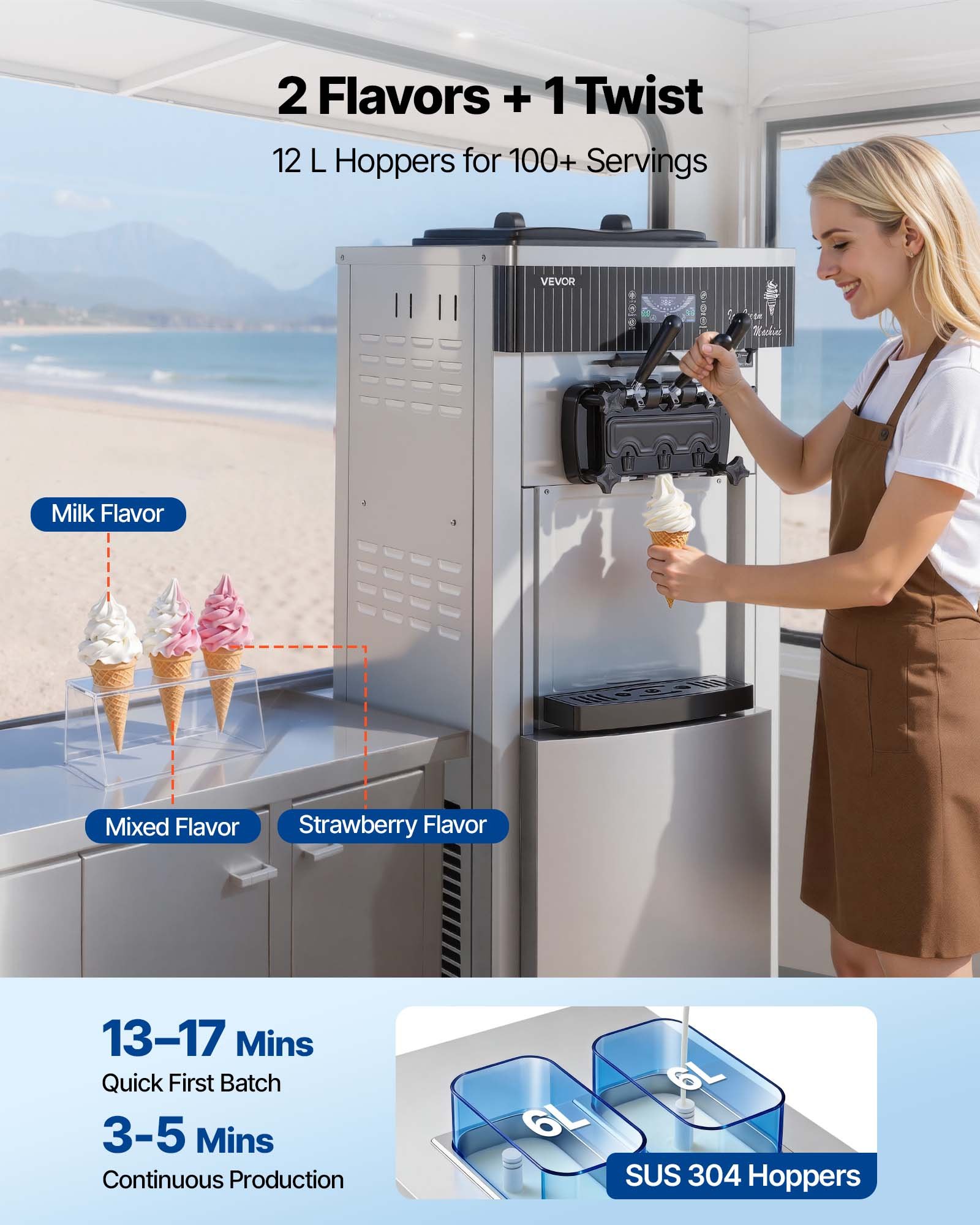 VEVOR Kommerzielle Softeismaschine 2200 W, Freistehende Eismaschine mit 20-28 L/h Produktion, mit 3 Geschmacksrichtungen & 2 Behältern (6 L), Vorkühlung & Selbstreinigung für Snack- und Dessertläden