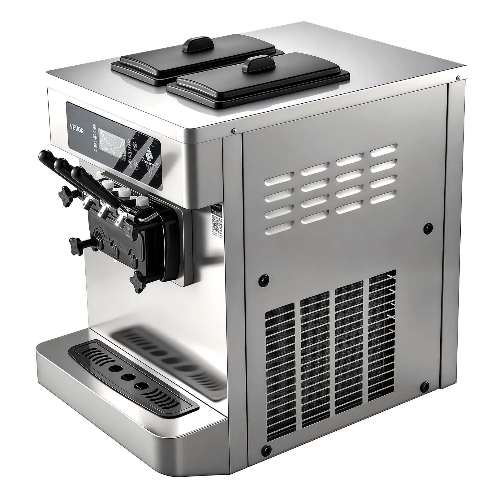 VEVOR Commercial Ice Cream Machine, 20-28L/H Yield, 2200W 3-Flavor Countertop Soft Serve Ice Cream Maker with 2 x 6L Hoppers & Built-In Puffing Pump, Pre-Cooling Low-Mix Alert for Snack Dessert Shops