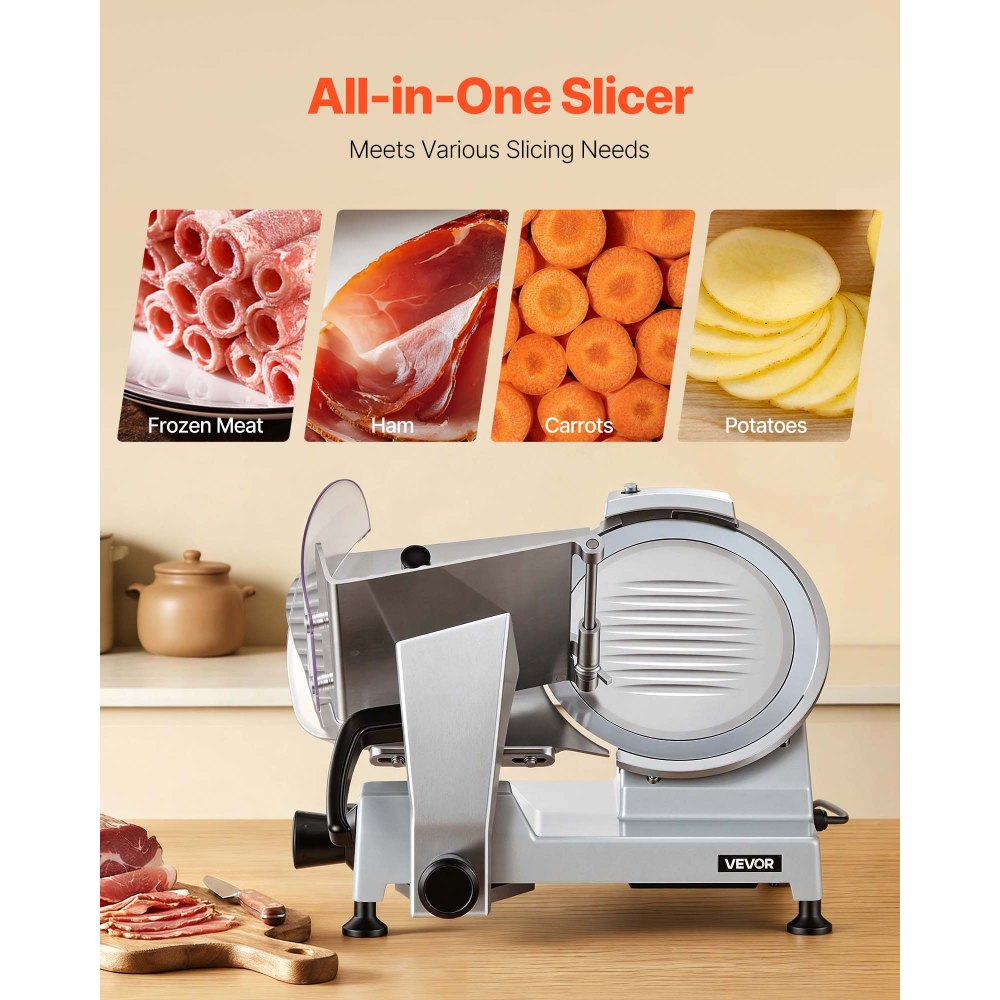 VEVOR Elektrische Aufschnittmaschine 250 mm Klinge, 240 W Allesschneider Fleischschneidemaschine mit Integriertem Schärfer und 0-12 mm Einstellbarer Schnittstärke, für Gefrorenes Fleisch Schinken