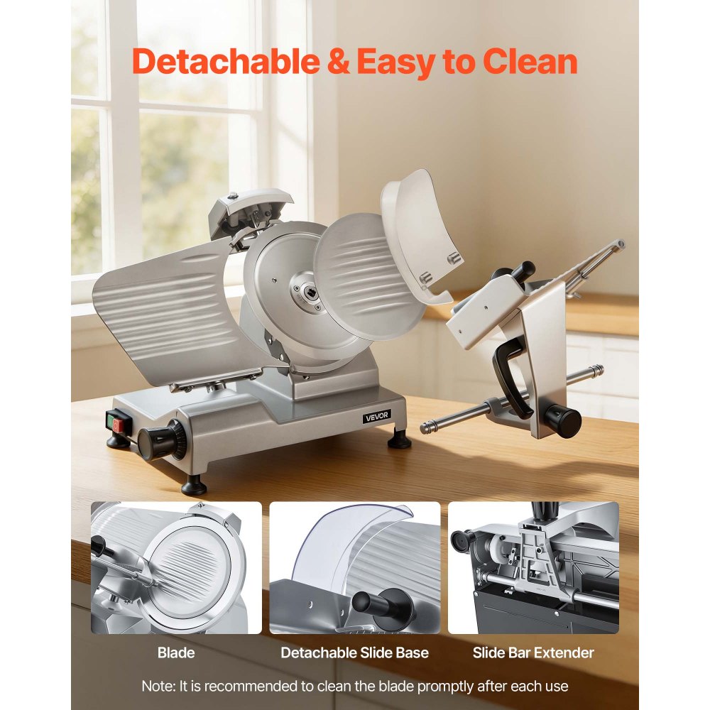 VEVOR Elektrische Aufschnittmaschine 250 mm Klinge, 240 W Allesschneider Fleischschneidemaschine mit Integriertem Schärfer und 0-12 mm Einstellbarer Schnittstärke, für Gefrorenes Fleisch Schinken