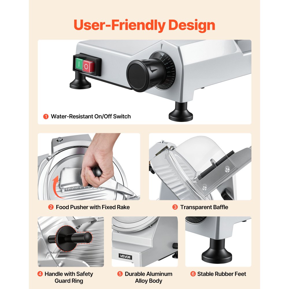 VEVOR Elektrische Aufschnittmaschine 250 mm Klinge, 240 W Allesschneider Fleischschneidemaschine mit Integriertem Schärfer und 0-12 mm Einstellbarer Schnittstärke, für Gefrorenes Fleisch Schinken