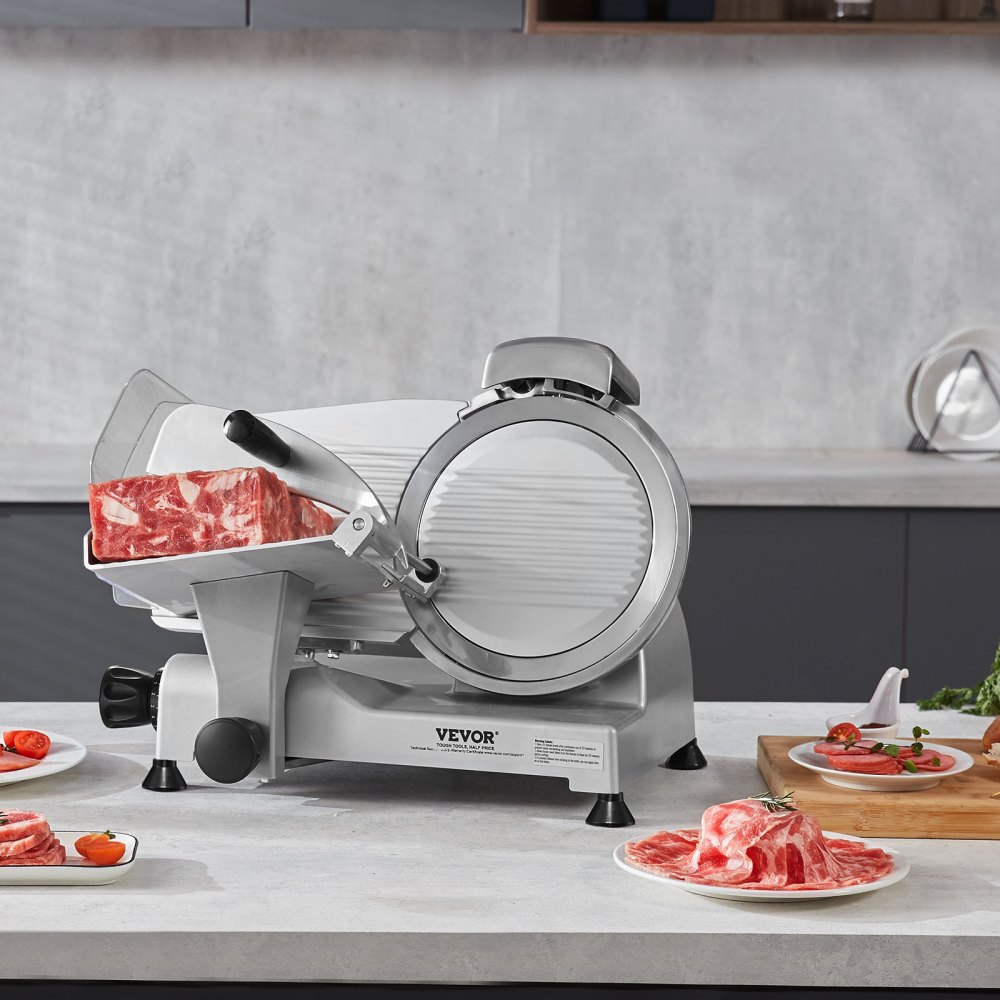 VEVOR Commercial Meat Slicer, All-Purpose Slicer, 340W Electric Slicer/Food Cutter with 10-inch Carbon Steel Blade, 0-15mm Adjustable Thickness for Meat, Cheese, and Vegetables