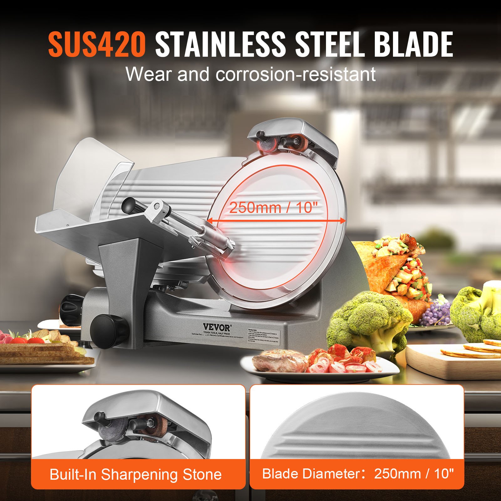 VEVOR Commercial Meat Slicer, All-Purpose Slicer, 340W Electric Slicer/Food Cutter with 10-inch Carbon Steel Blade, 0-15mm Adjustable Thickness for Meat, Cheese, and Vegetables