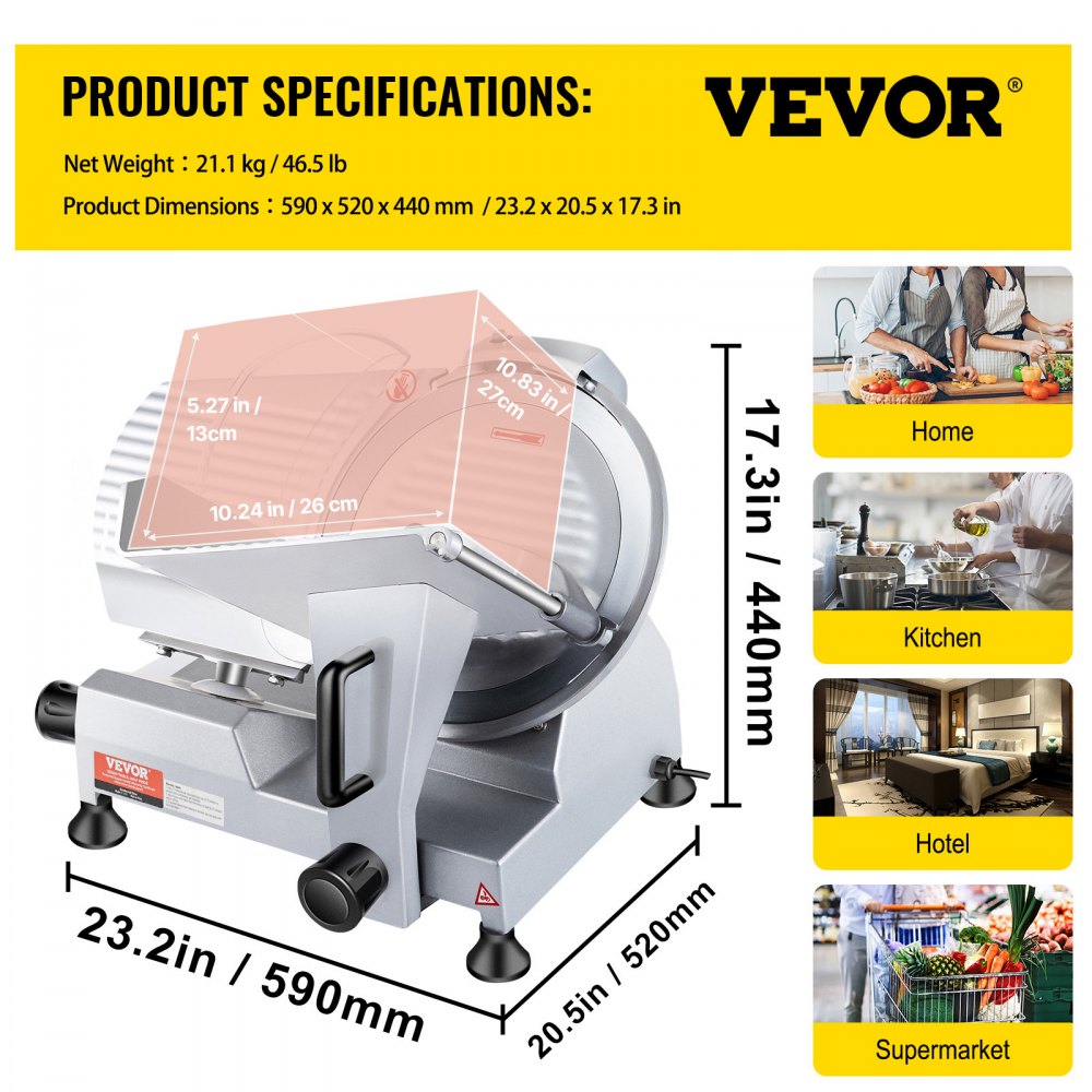 VEVOR Commercial Meat Slicer 320W, Electric Slicer Food Cutter with 12-inch Carbon Steel Blade, 0-15mm Adjustable Thickness for Meat