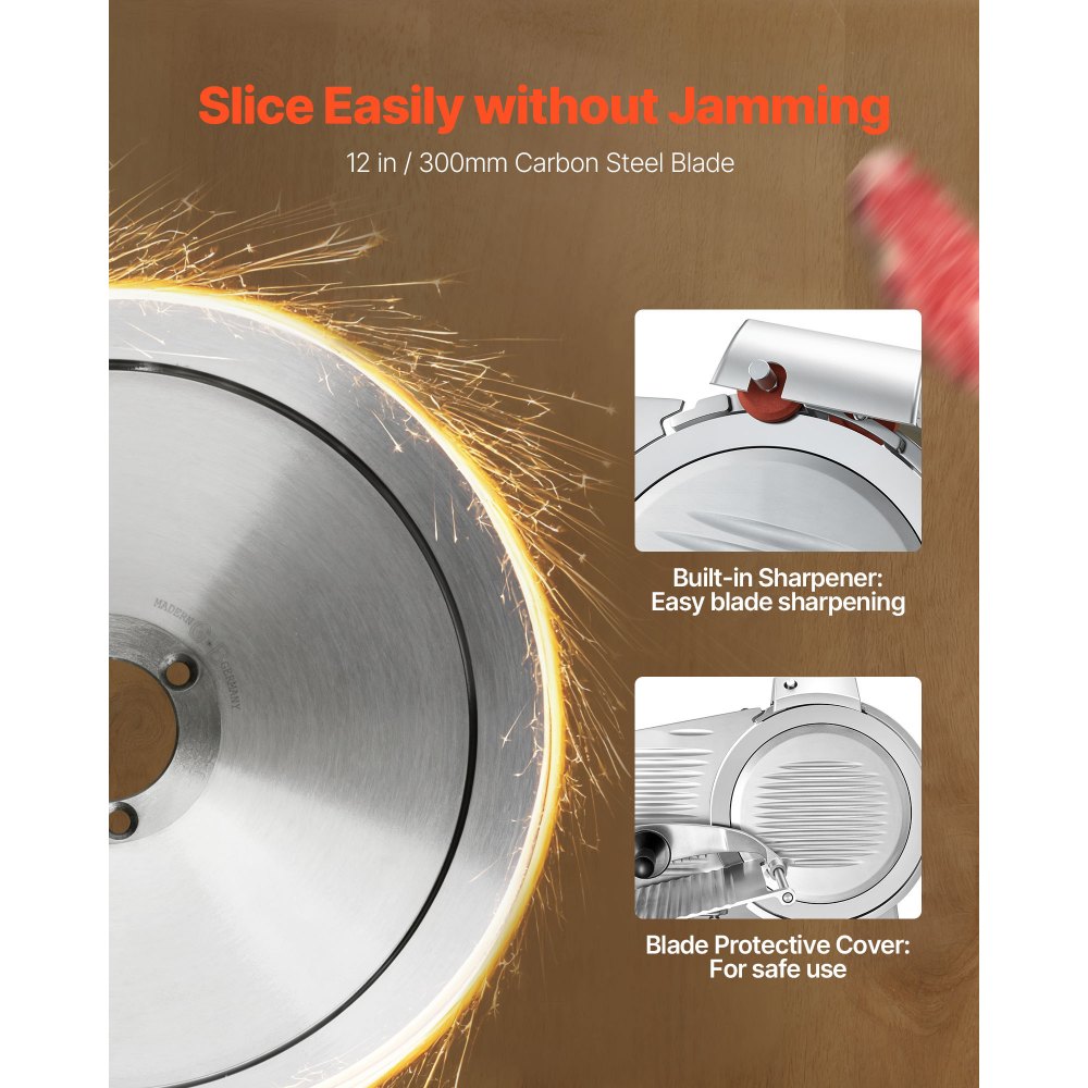 VEVOR Elektrische Aufschnittmaschine 300 mm Klinge, 320 W Allesschneider Fleischschneidemaschine mit Integriertem Schärfer und 0-15 mm Einstellbarer Schnittstärke, für Gefrorenes Fleisch Schinken
