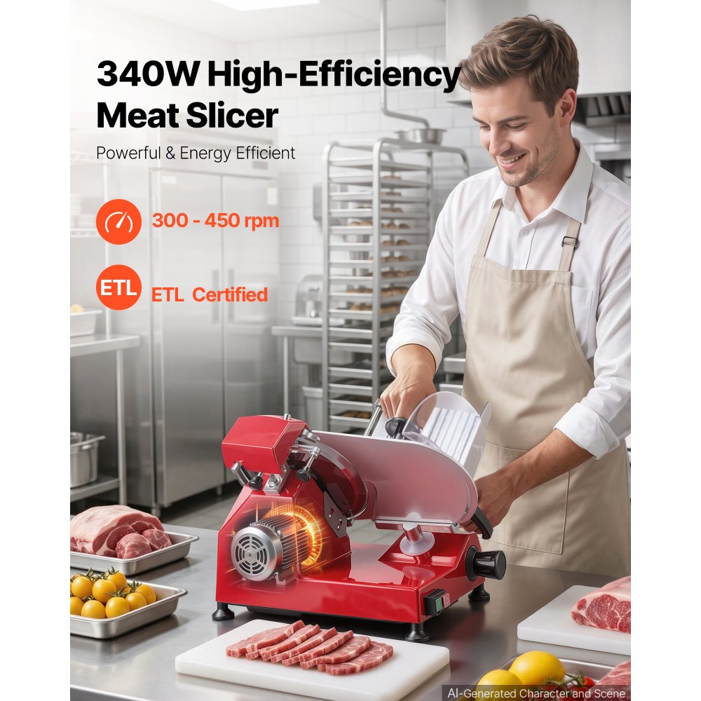 VEVOR Fleischschneider 25 cm 340 W 0-12 mm Aufschnittschneider 45# Stahl für Gefrorenes Rohes, Gekochtes Fleisch und Schinken, mit Schleifstein, Lebensmittelhalter Stopfer und Rutschfesten Füßen