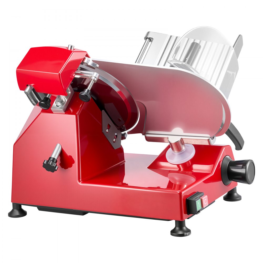 VEVOR Fleischschneider 25 cm 340 W 0-12 mm Aufschnittschneider 45# Stahl für Gefrorenes Rohes, Gekochtes Fleisch und Schinken, mit Schleifstein, Lebensmittelhalter Stopfer und Rutschfesten Füßen