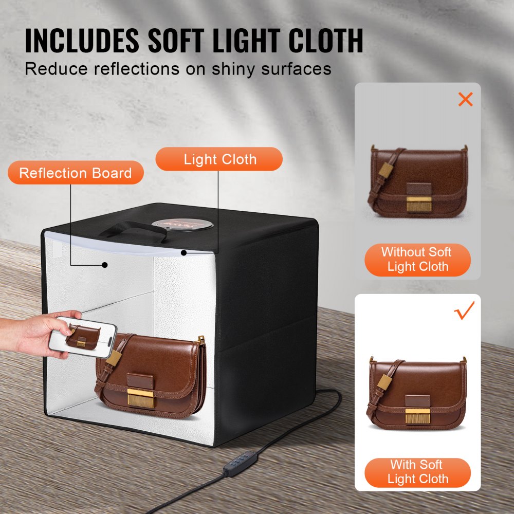 VEVOR Fotostudio-Leuchtkasten, 12 x 12 Zoll, 3000–5600 K, einstellbare 3 Farbtemperaturen, professionelles Aufnahmezelt-Set mit 120 LEDs, 6 doppelseitigen Farbhintergründen, hoher CRI ≥ 95 für kleine Produkte