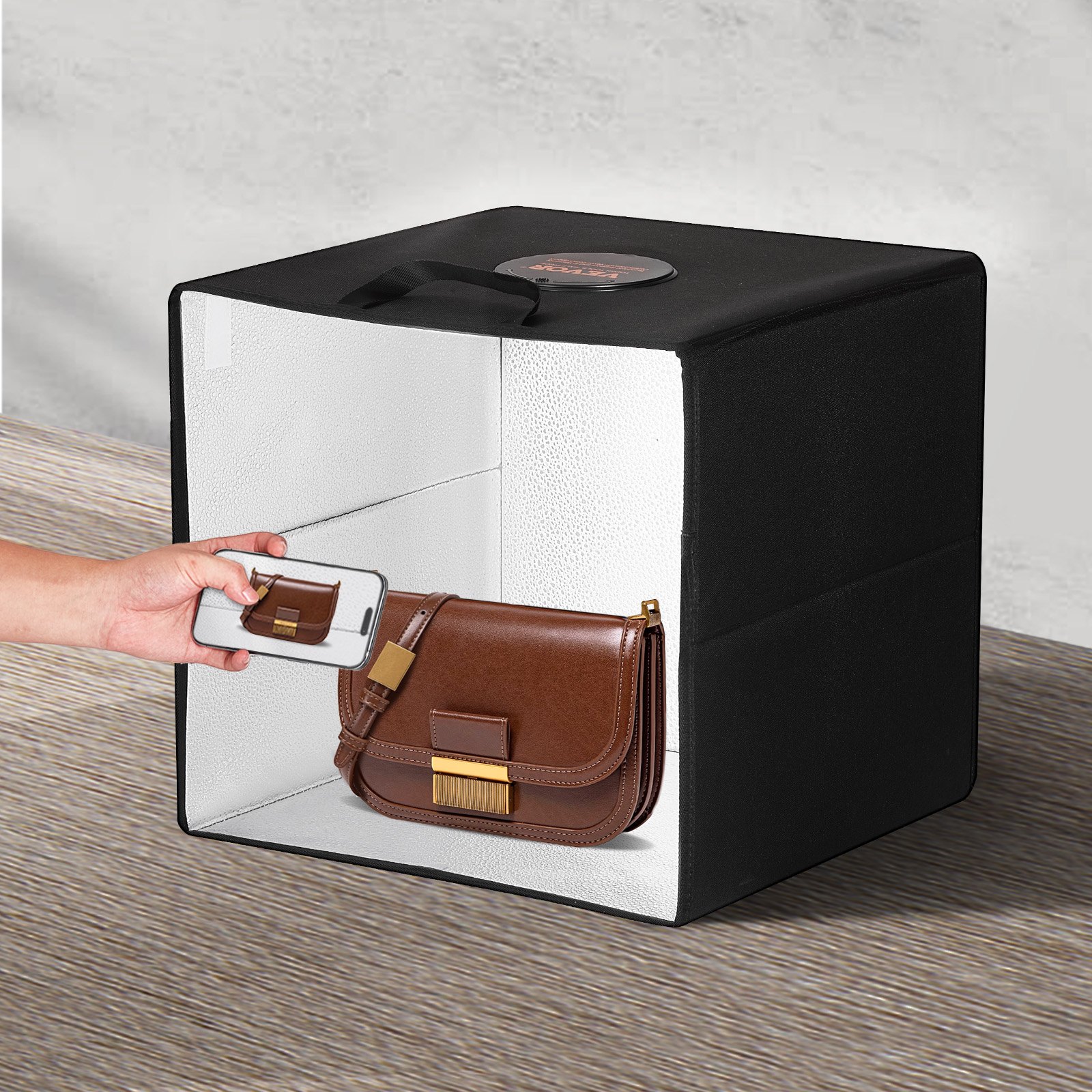 VEVOR Fotostudio-Leuchtkasten, 12 x 12 Zoll, 3000–5600 K, einstellbare 3 Farbtemperaturen, professionelles Aufnahmezelt-Set mit 120 LEDs, 6 doppelseitigen Farbhintergründen, hoher CRI ≥ 95 für kleine Produkte