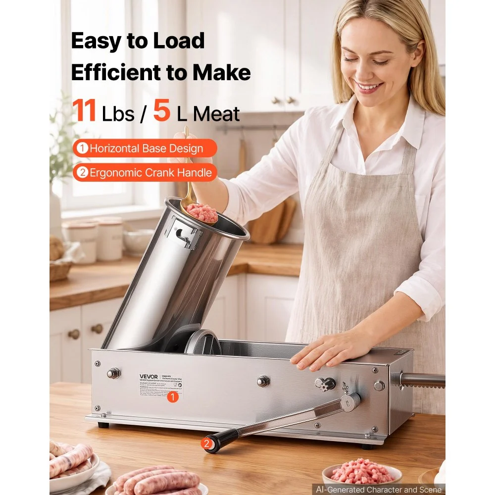 VEVOR Manuelle Wurstfüllmaschine 5 L Horizontaler Wurstfüller Edelstahl für Zuhause, Camping, Grillen & BBQ, mit 4 Füllrohren, 2 Geschwindigkeitsstufen, Ergonomischem Griff und Abnehmbaren Teilen