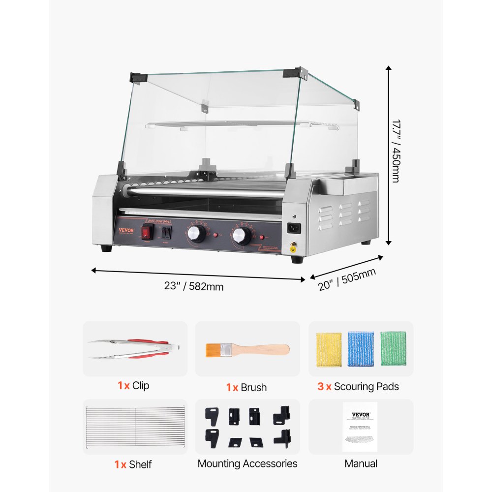 VEVOR Hot Dog Grill Machine, 11-Roll Stainless Steel, 2200 W, Electric Grill with Cover, 2 Temperature Controls, Side Storage Box, Removable Shelf, and Oil Drip Tray