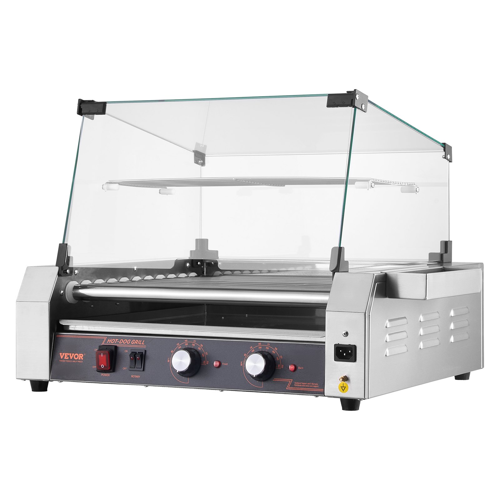 VEVOR Hot Dog Grill Maschine Hot dogs 11 Rollen Edelstahl, 2200 W, Elektrogrill mit Abdeckung & 2 Temperaturregler & seitlicher Aufbewahrungsbox & herausnehmbarem Regal & Ölauffangschale