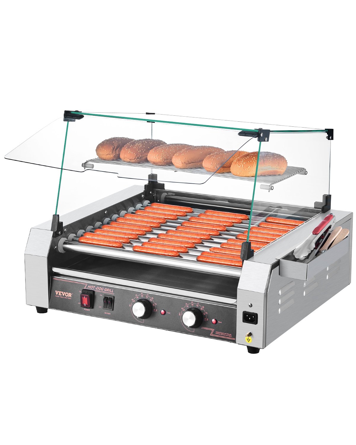 VEVOR Hot Dog Grill Machine, 11-Roll Stainless Steel, 2200 W, Electric Grill with Cover, 2 Temperature Controls, Side Storage Box, Removable Shelf, and Oil Drip Tray
