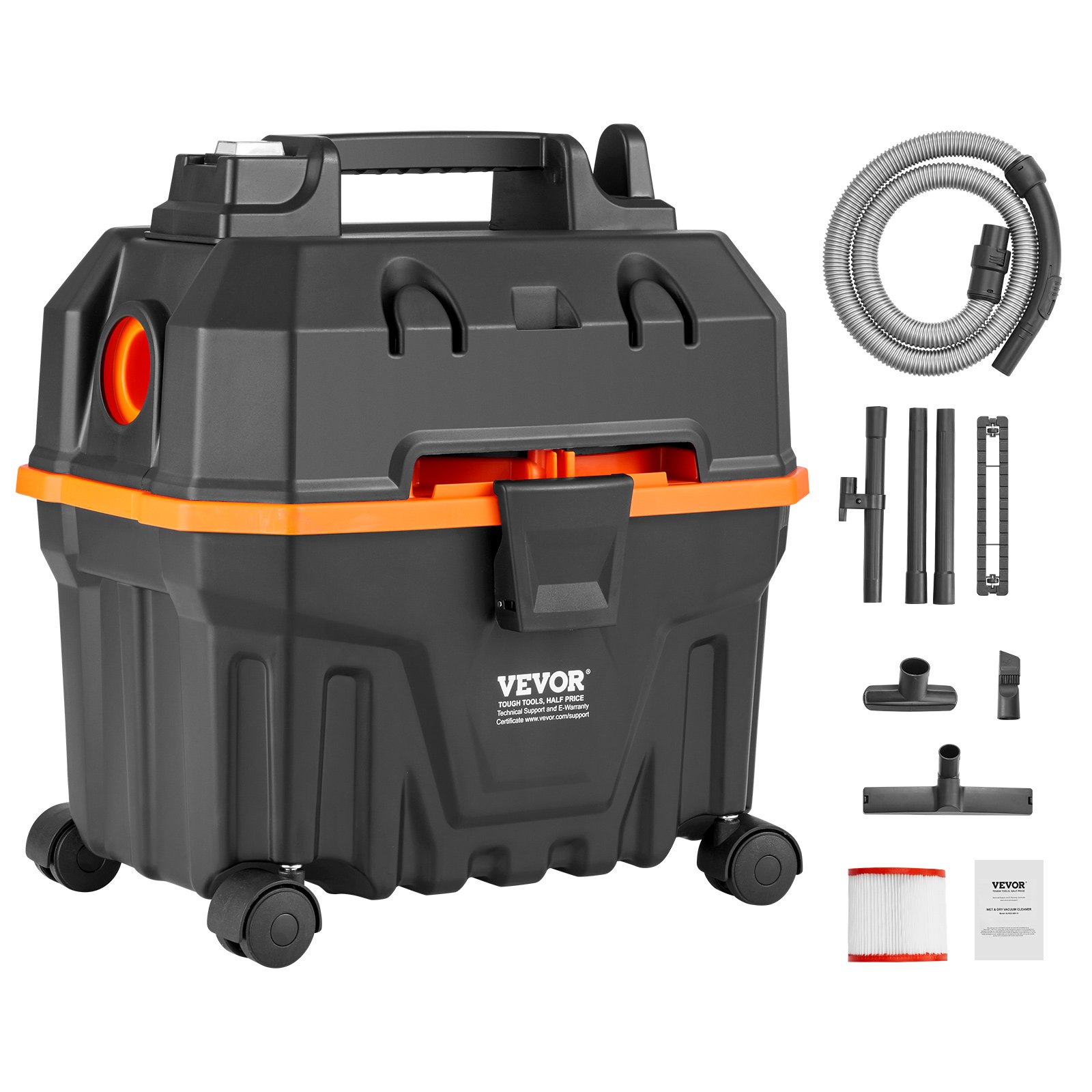 VEVOR Nass-/Trockensauger, 15 l, 5 PS Spitzenleistung, effiziente Saug- und Gebläseleistung mit Düse, Rollen, tragbarer Werkstattsauger mit Aufsätzen, leichter Werkstattsauger, ideal für Teppiche, Schmutz, Tierhaare, schwarz