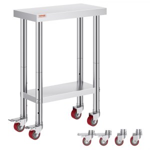 Produktbild von VEVOR Arbeitstisch 61x30x85 Cm Aus Edelstahl, 150 Kg Tragkraft, Mit Unterem Regal Und 4 Rollen, Für Küche Und Gastro