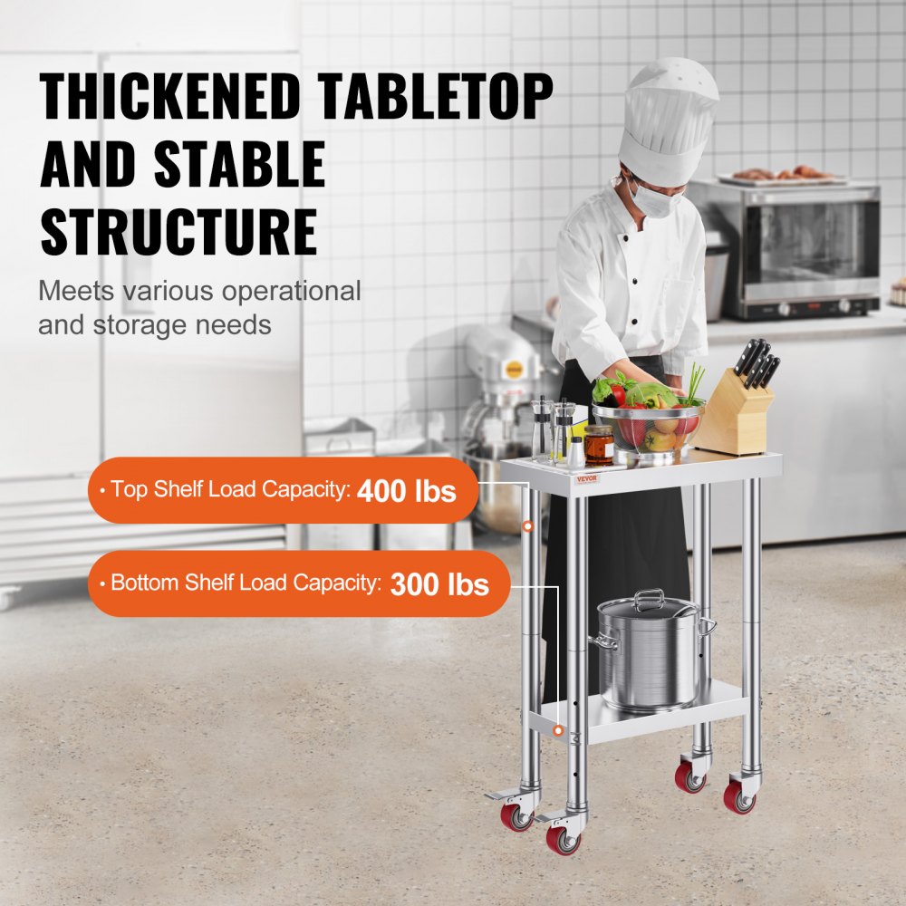VEVOR rolling work table 61 x 30 x 85 cm stainless steel catering work table load capacity 350 kg, food preparation table commercial kitchen table for bar with 4 adjustable legs