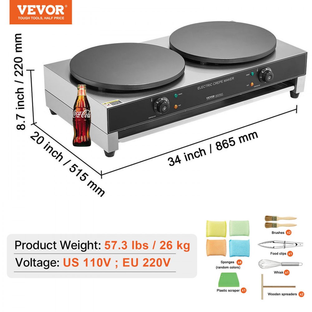 VEVOR elektrischer Crepemaker Crepe-Maschine mit Doppelkopf 6000 W flache Crepe-Grillplatte, Pfannkuchenherd aus Edelstahl, Cerealien-Pfannkuchenherd, Temperaturregelung (kein Stecker)