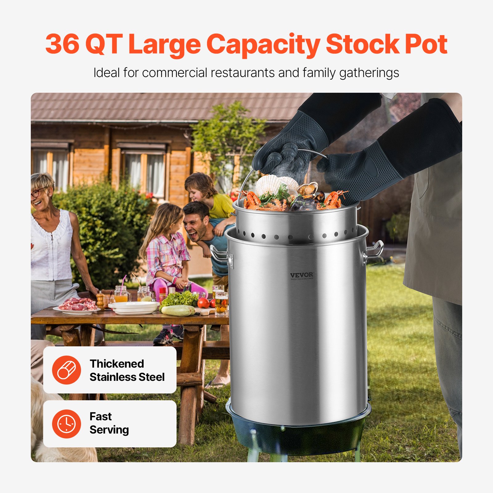 VEVOR Stainless Steel Soup Pot 34L, Large Capacity Cooking Pot, Saucepan with Basket, Lid & Handle, Commercial Quality Soup Pot, Polished Finish, for Steaming, Boiling or Frying, Silver