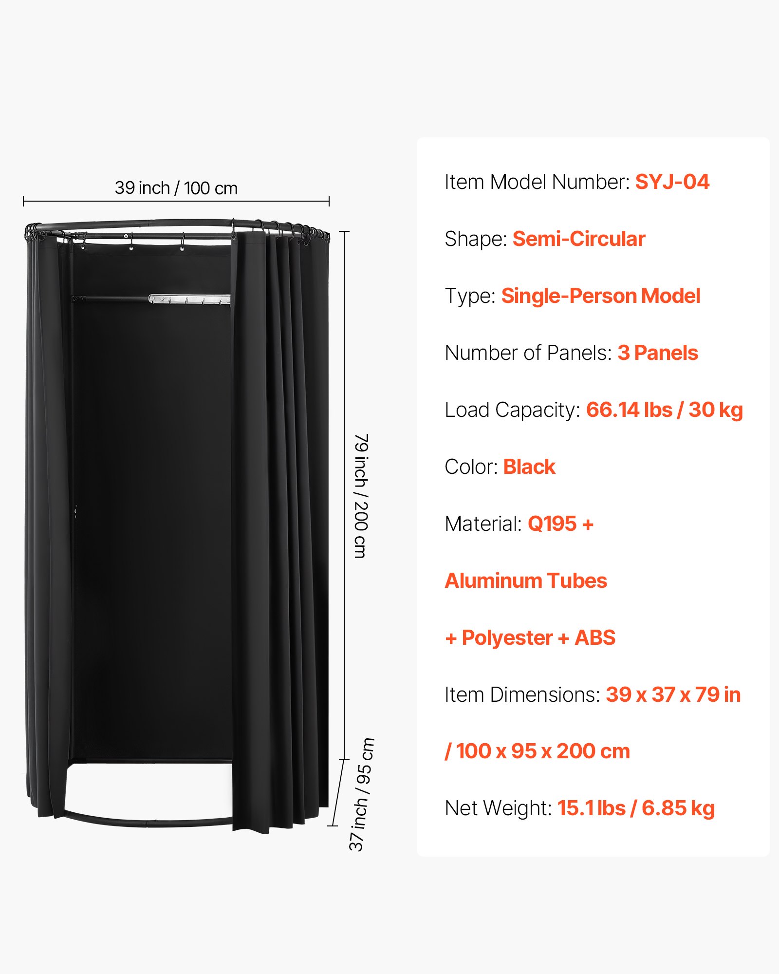 VEVOR Umkleidekabine tragbarer Umkleideraum mit dicken Polyestervorhängen, Sichtschutz mit Beschattungsvorhang & Haken, für Boutiquen Einkaufszentren Schneidereien 100 x 95 x 200 cm (schwarz)