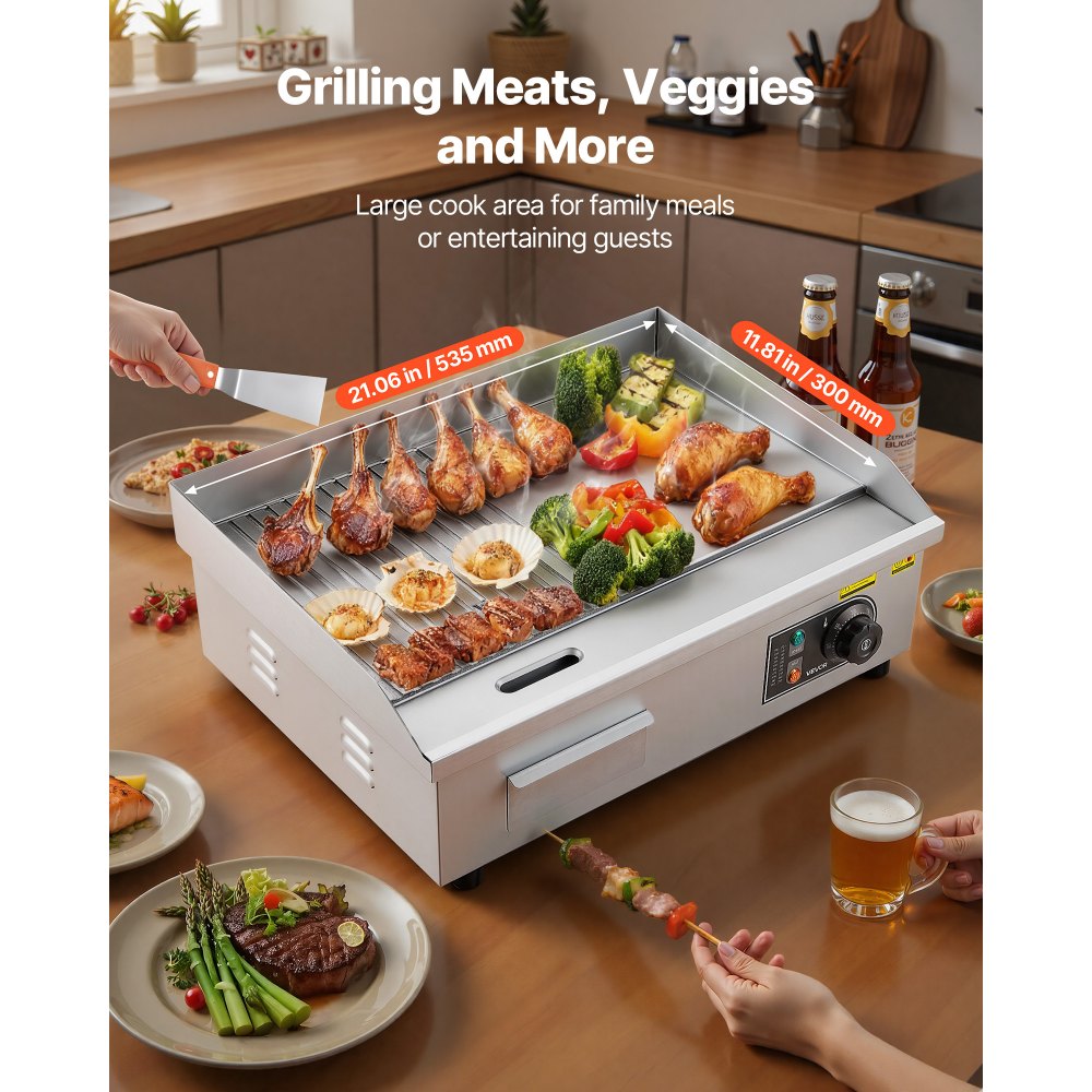 VEVOR Gewerbliche Elektrische Grillplatte 3200 W, Tischgrillplatte 535x300 mm Grillfläche, Elektrogrill, halb Gerillt, halb Glatt, mit 2 Spateln & 2 Bürsten & Fußpolstern, für Steaks Pfannkuchen