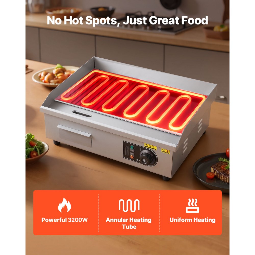 VEVOR Gewerbliche Elektrische Grillplatte 3200 W, Tischgrillplatte 535x300 mm Grillfläche, Elektrogrill, halb Gerillt, halb Glatt, mit 2 Spateln & 2 Bürsten & Fußpolstern, für Steaks Pfannkuchen