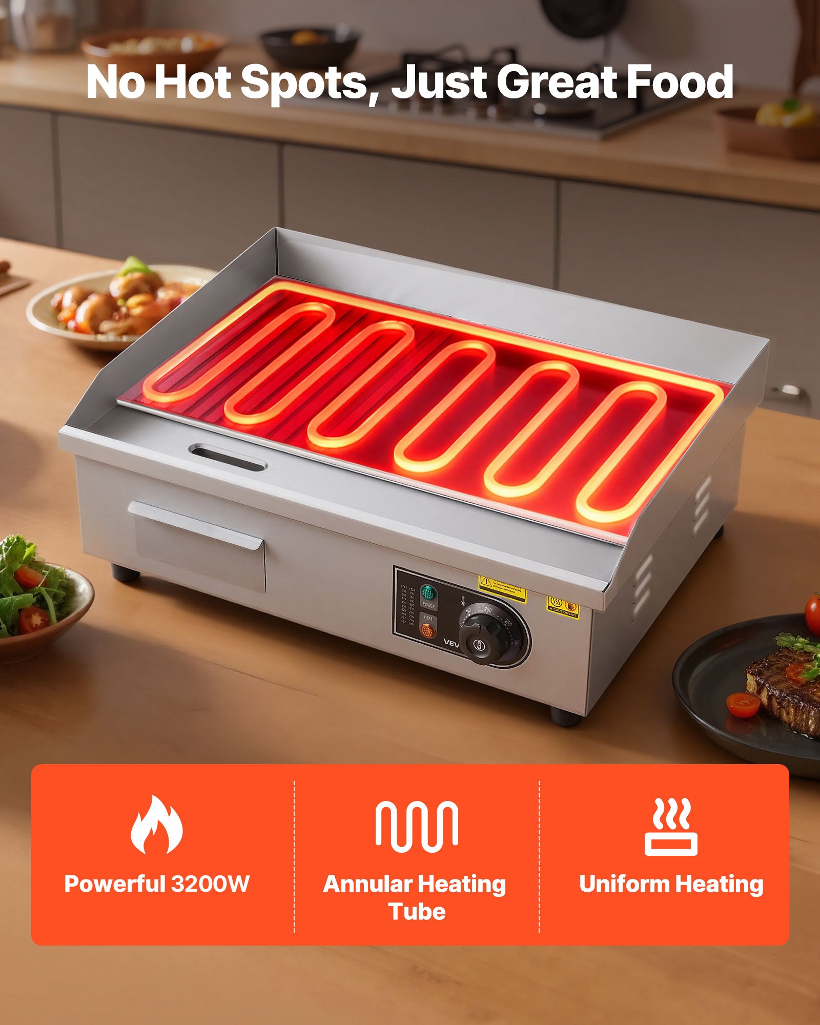 VEVOR Gewerbliche Elektrische Grillplatte 3200 W, Tischgrillplatte 535x300 mm Grillfläche, Elektrogrill, halb Gerillt, halb Glatt, mit 2 Spateln & 2 Bürsten & Fußpolstern, für Steaks Pfannkuchen