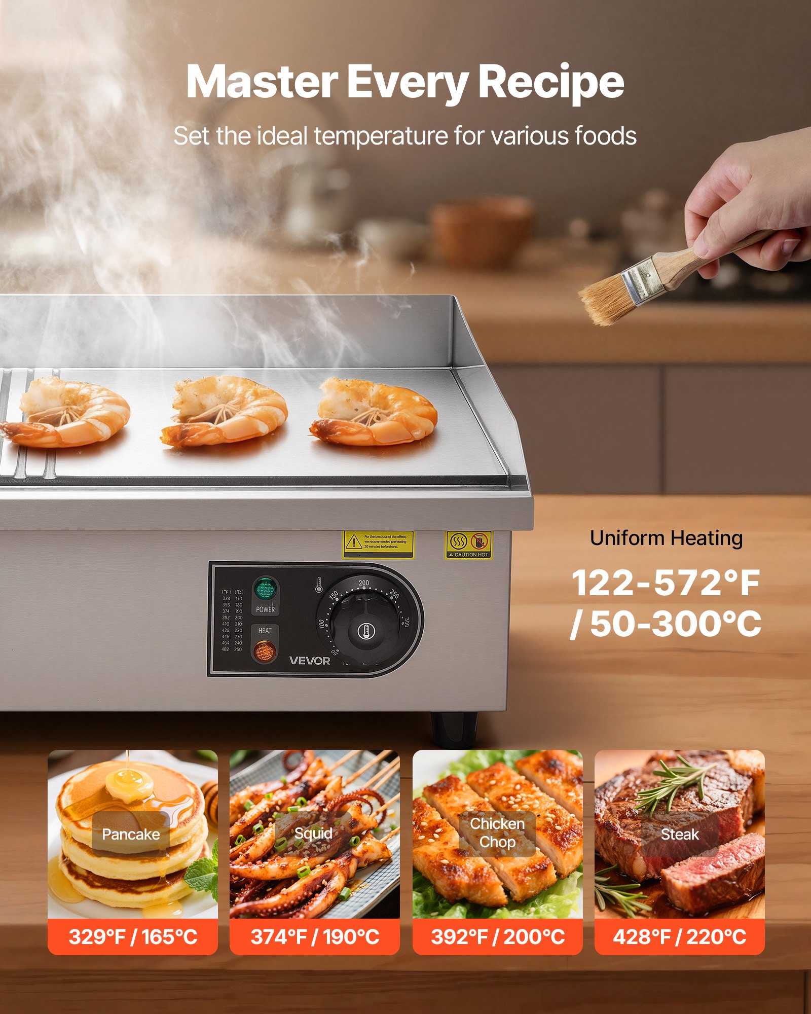 VEVOR Gewerbliche Elektrische Grillplatte 3200 W, Tischgrillplatte 535x300 mm Grillfläche, Elektrogrill, halb Gerillt, halb Glatt, mit 2 Spateln & 2 Bürsten & Fußpolstern, für Steaks Pfannkuchen